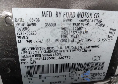 2008 Lincoln Navigator z USA, uszkodzony, nr VIN 5LMFU28598LJ20778